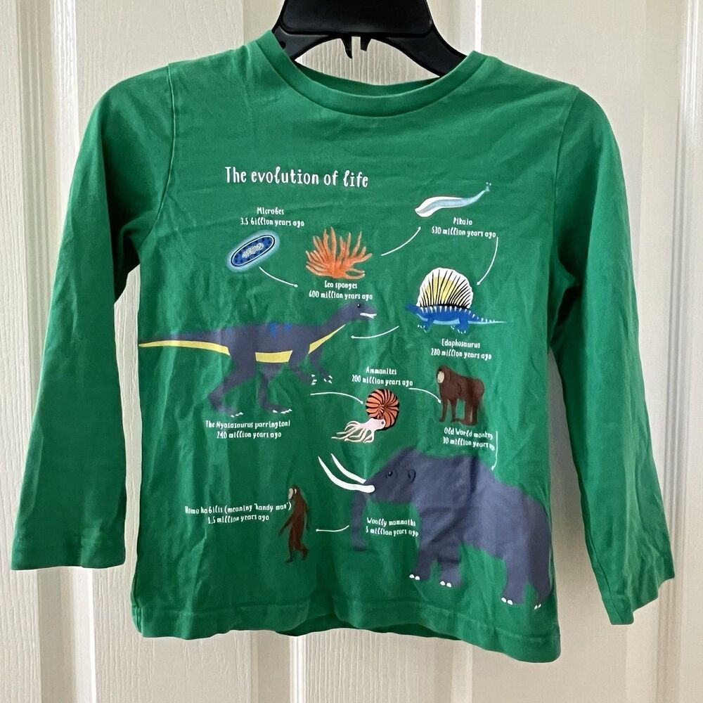 Mini Boden The Evolution of Life Graphic Tee Green Long Sleeve Boys Size 5-6
